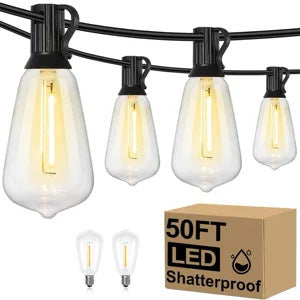 Outdoor LED lamp string with clear teardrop bulbs, black sockets, shatterproof design