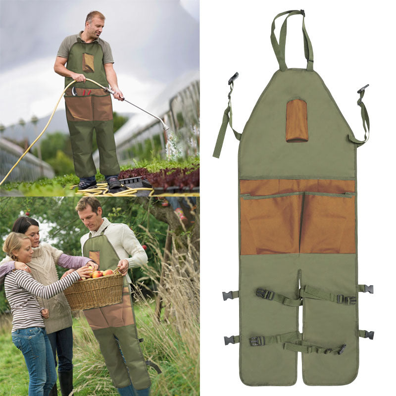 Green gardening leg apron with brown front panel and multiple tool pockets, adjustable straps