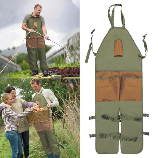 Green gardening leg apron with brown front panel and multiple tool pockets, adjustable straps