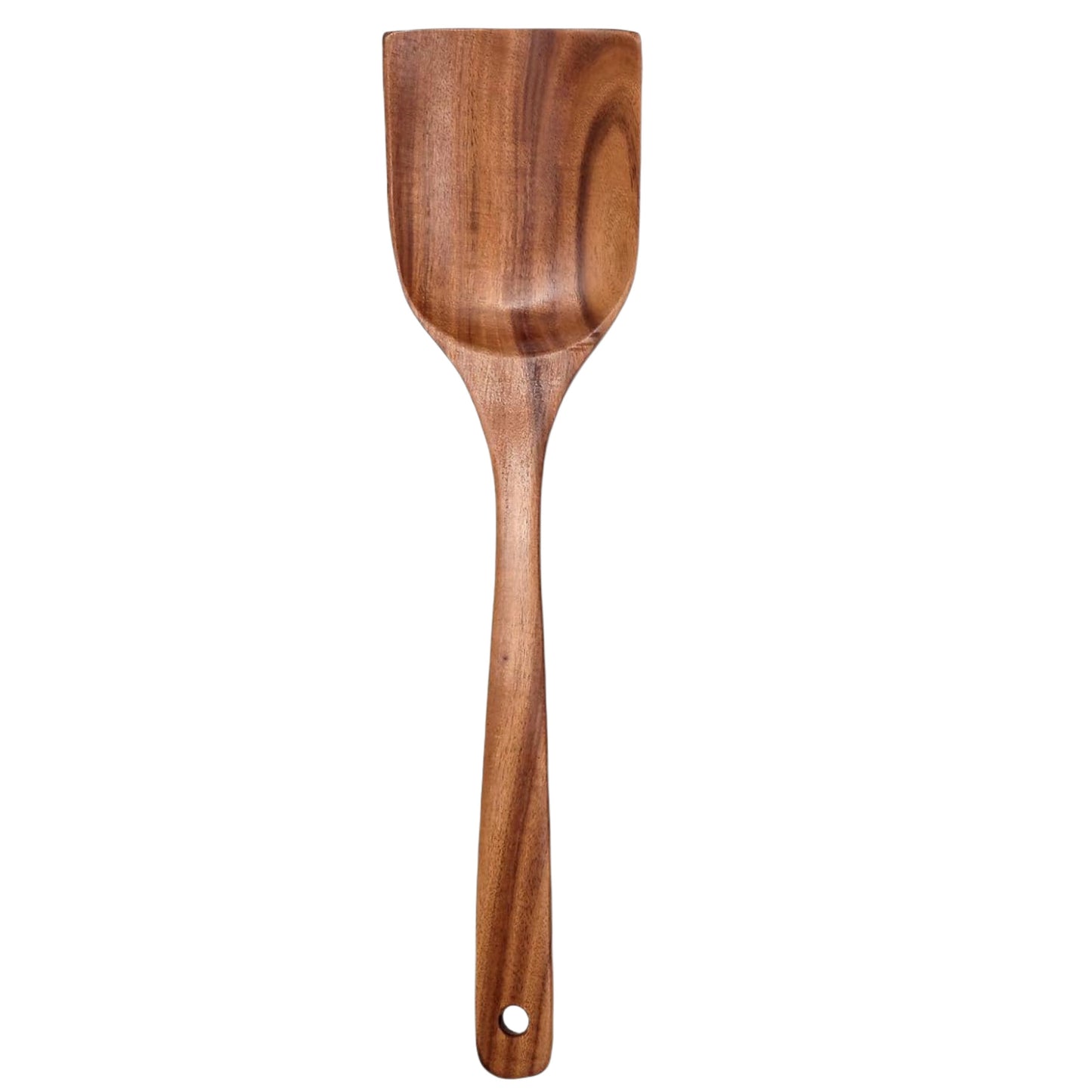 Wooden slotted spatula with round handle hole, brown acacia wood
