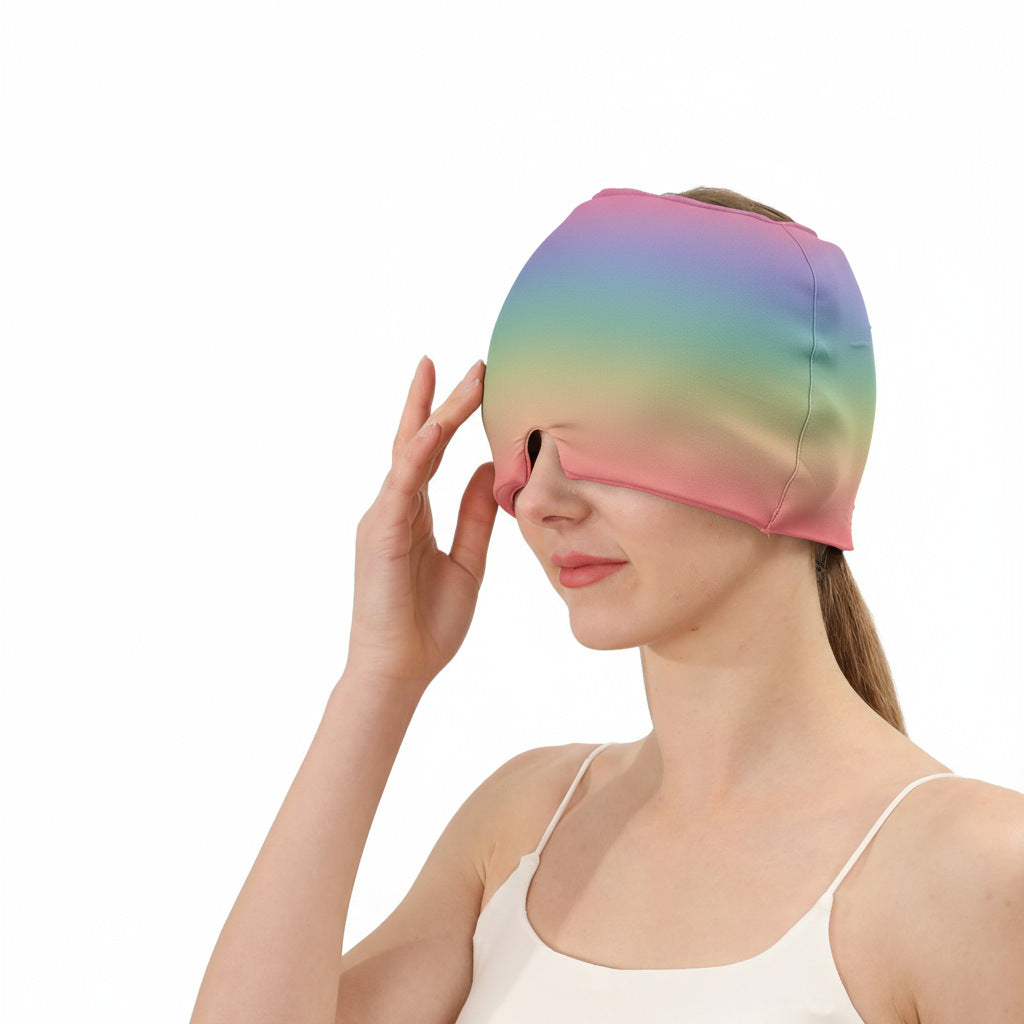 Gel ice hot compress head hood with pink-to-green gradient, fitted face-covering wrap.