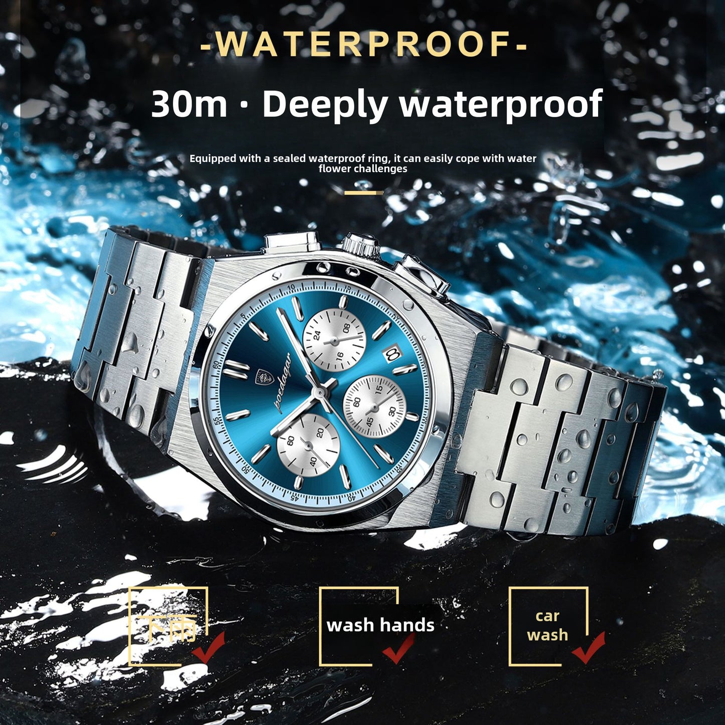 Men's quartz chronograph watch with blue dial and silver stainless steel bracelet