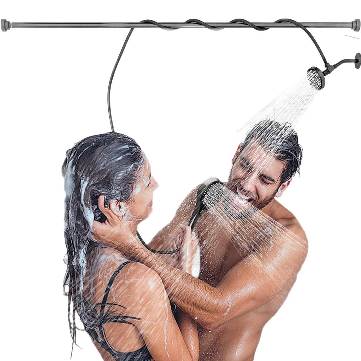 Handheld shower head set with flexible hose and extension rods, black finish