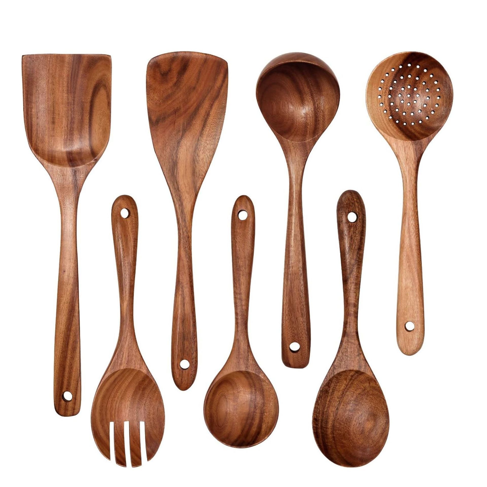 Wooden kitchen utensil set with spatulas, spoons, ladle, and perforated strainer spoon