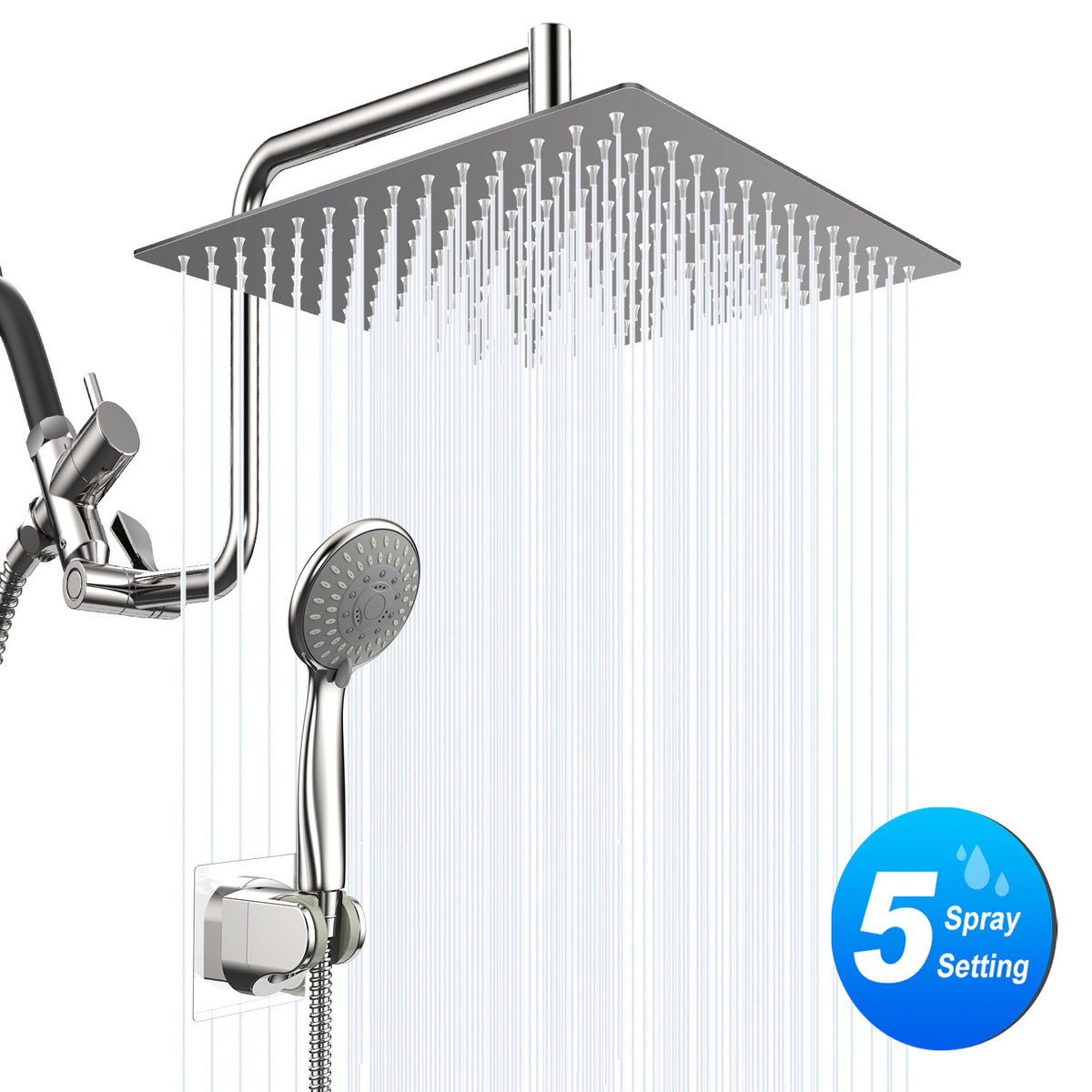 Stainless steel square rain shower head with adjustable handheld sprayer, chrome finish