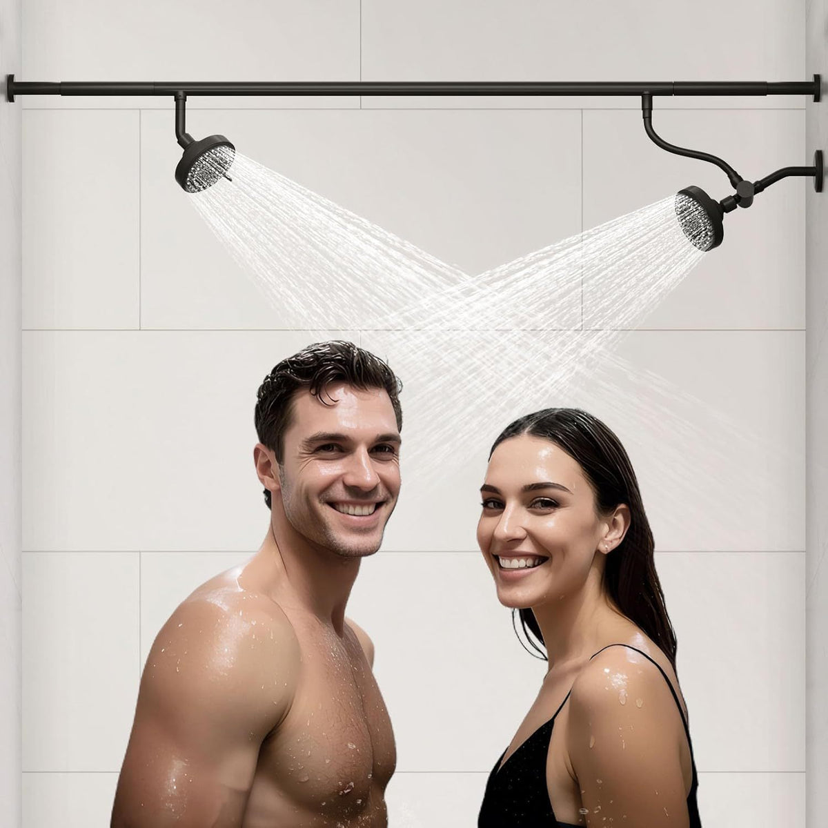 Chrome double shower head set with extension rods and concealed ceiling bracket