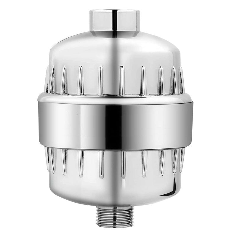 Chrome shower filter housing with threaded inlet outlet for handheld shower head