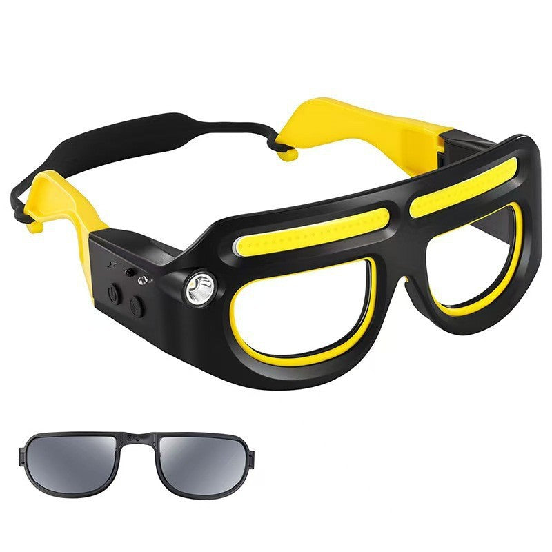 Black and yellow LED headlamp glasses with long LED strip lights and included dark sunglasses