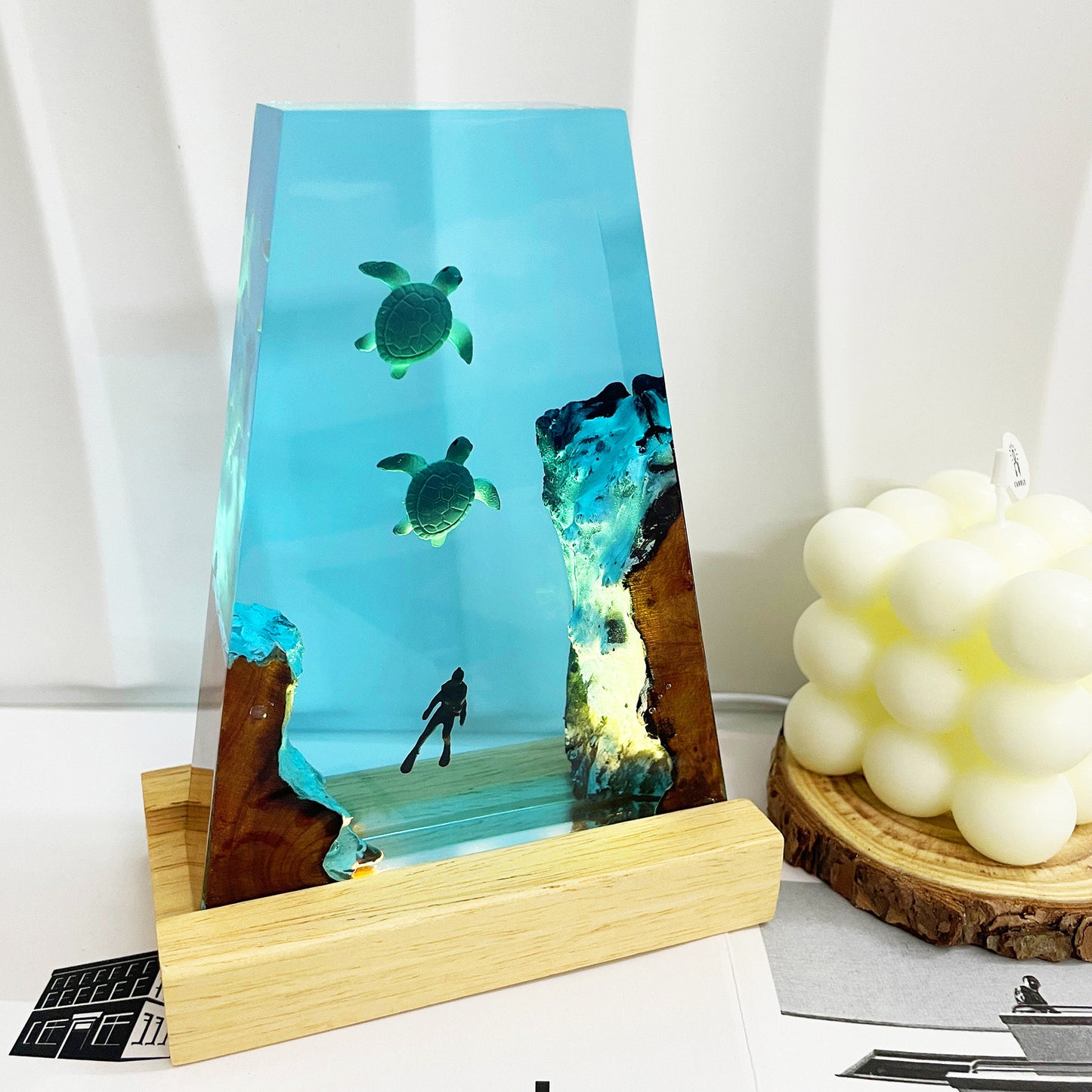 Wood night lamp with blue resin panel, sea turtles, and wooden base