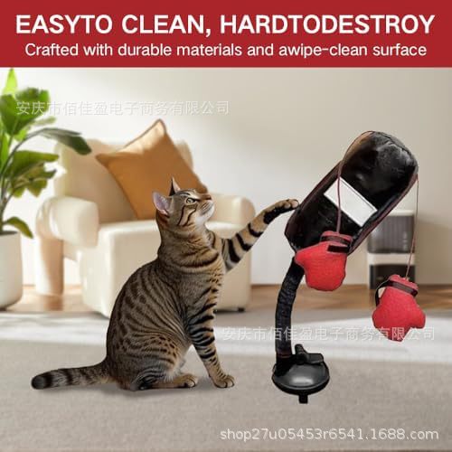 Interactive cat wand toy with black stand and red plush teaser pods