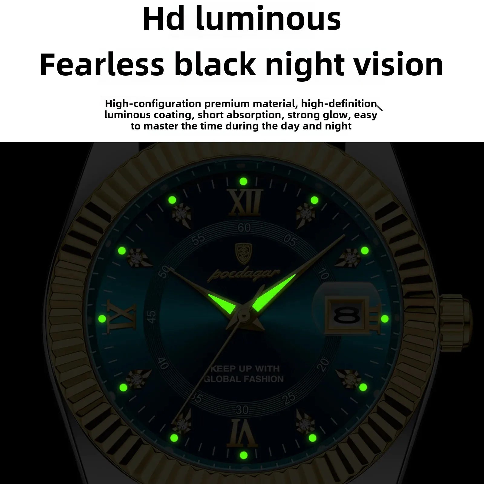 Men's quartz watch with dark blue dial, green luminous markers, gold-tone bezel