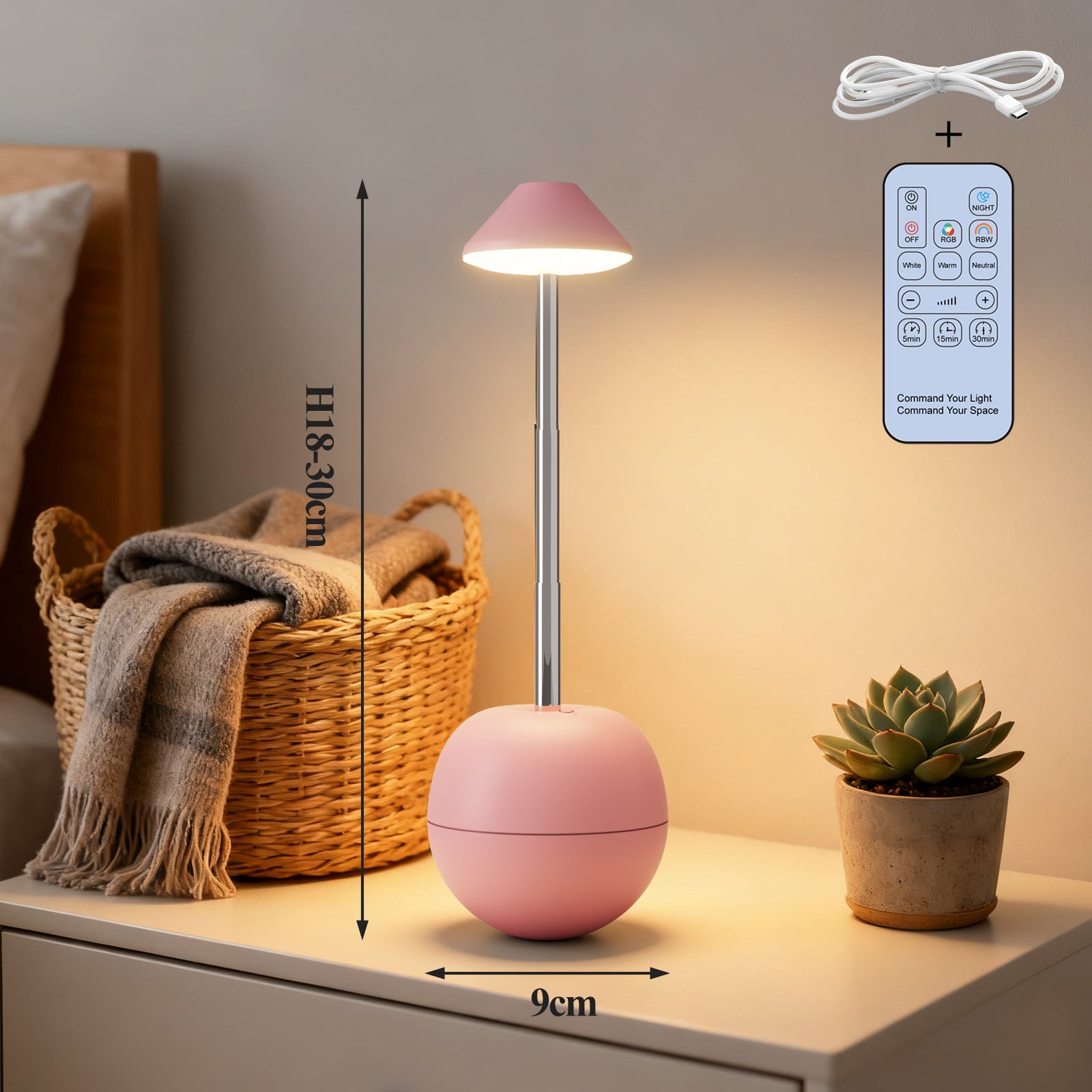 Rechargeable LED bedside night light with pink tumbler base, warm glow, and remote control