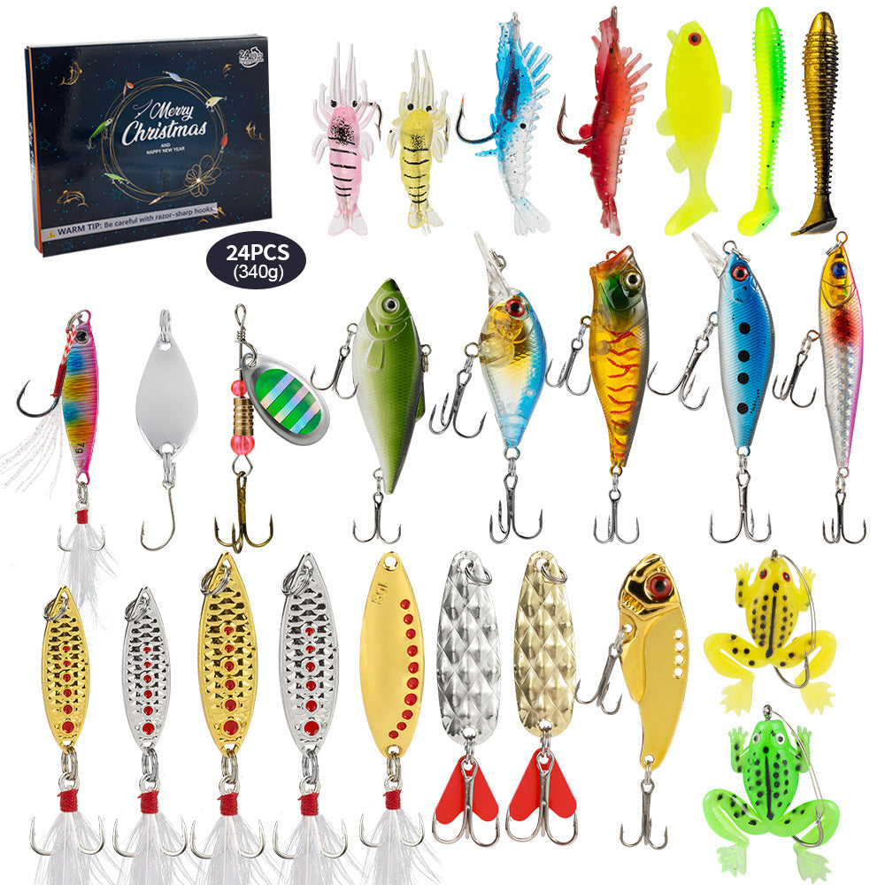 24-piece fishing lure assortment with colorful swimbaits, crankbaits, and hook sets
