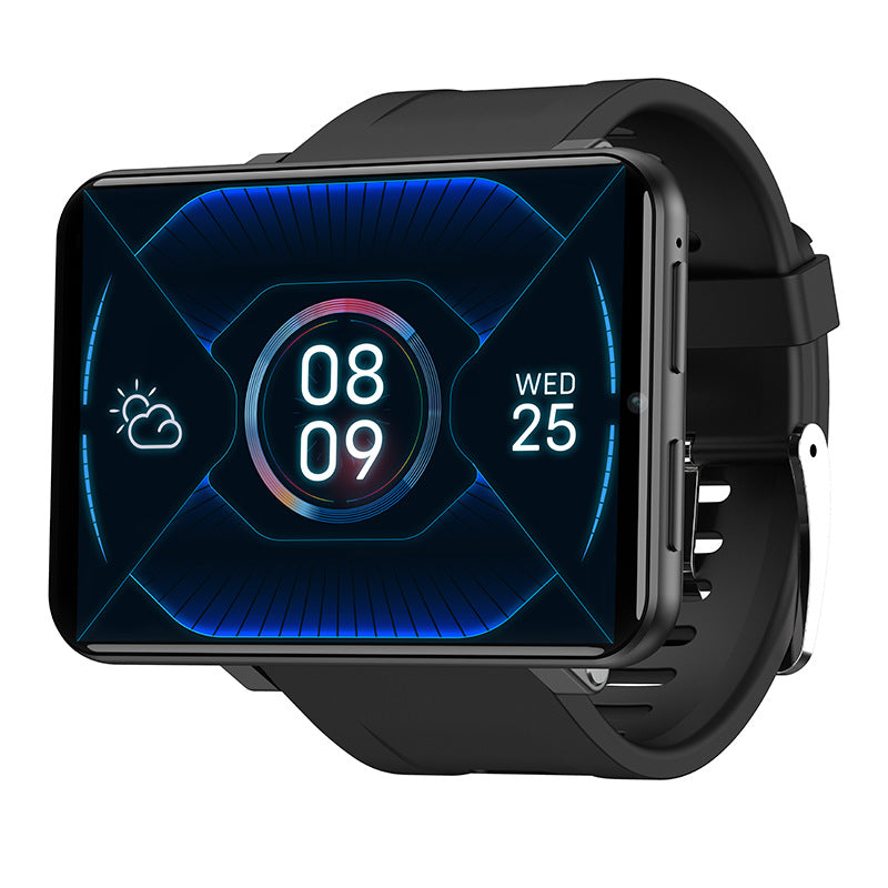 Black android smartwatch with blue-themed smartwatch face on touchscreen
