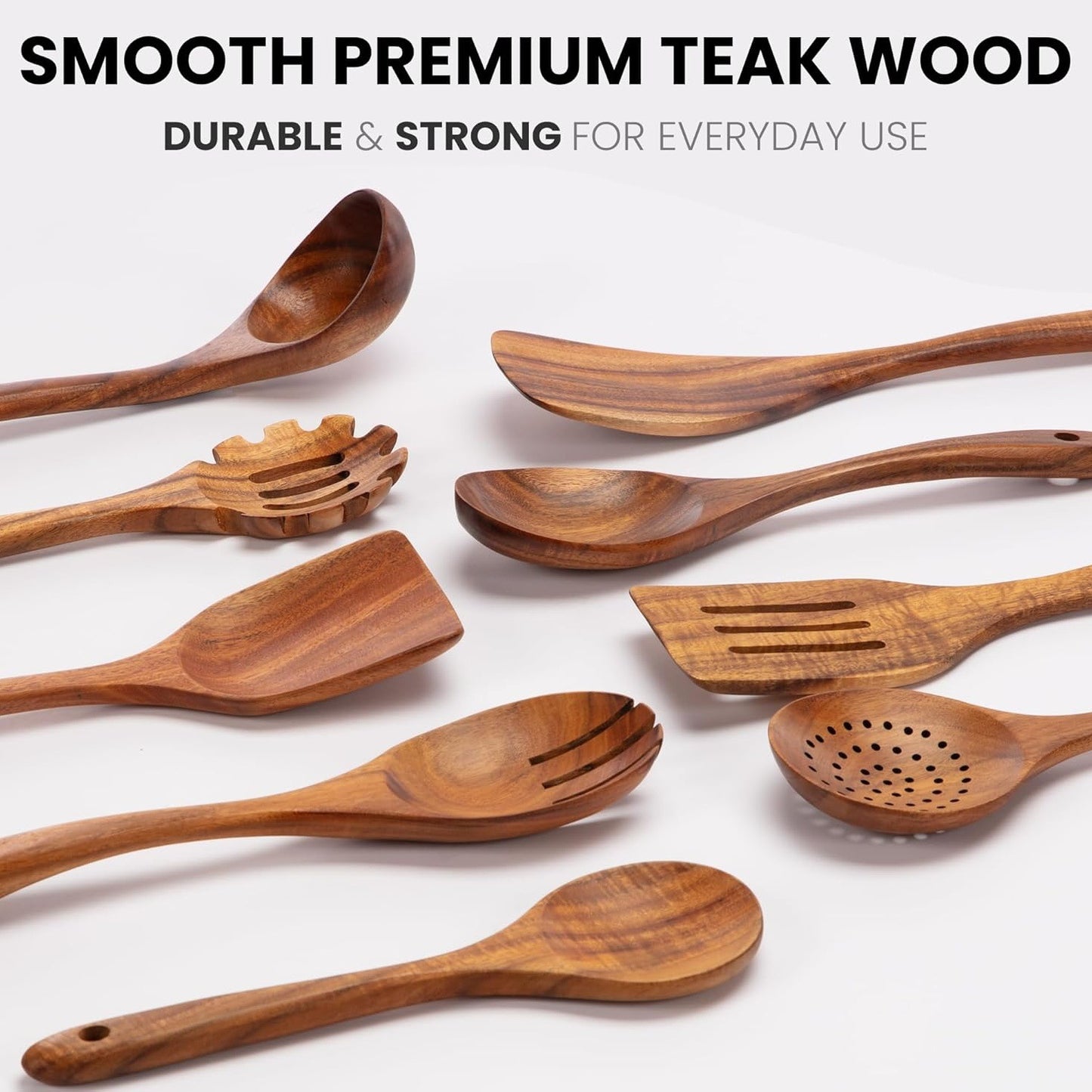 Wooden kitchen utensils set with smooth spatulas, ladles, and slotted spoon pieces