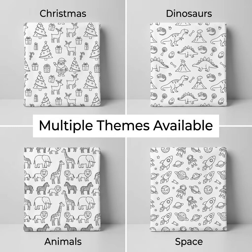 Assorted design washable coloring blankets on display, with multiple themed patterns