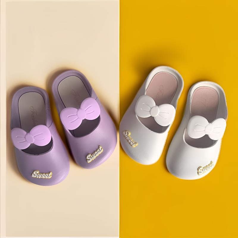 Girls' bow indoor slippers: purple pair and white pair with contrast trim and soft lining