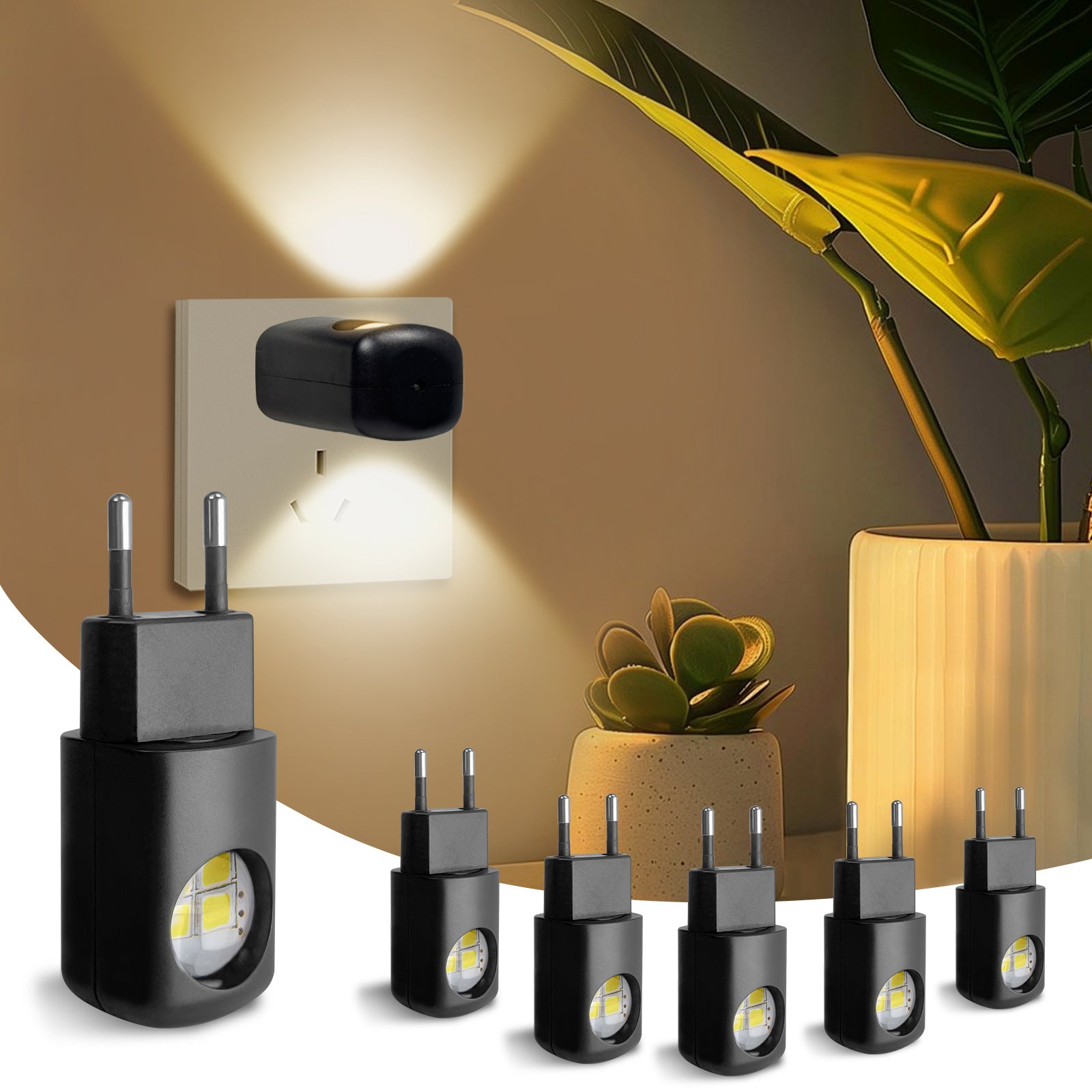 Multiple black 2-in-1 motion sensor LED night lights with plug-in wall downlights