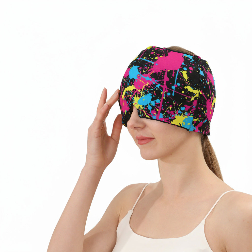 Ice and hot compress head hood, black cap with colorful paint-splatter pattern