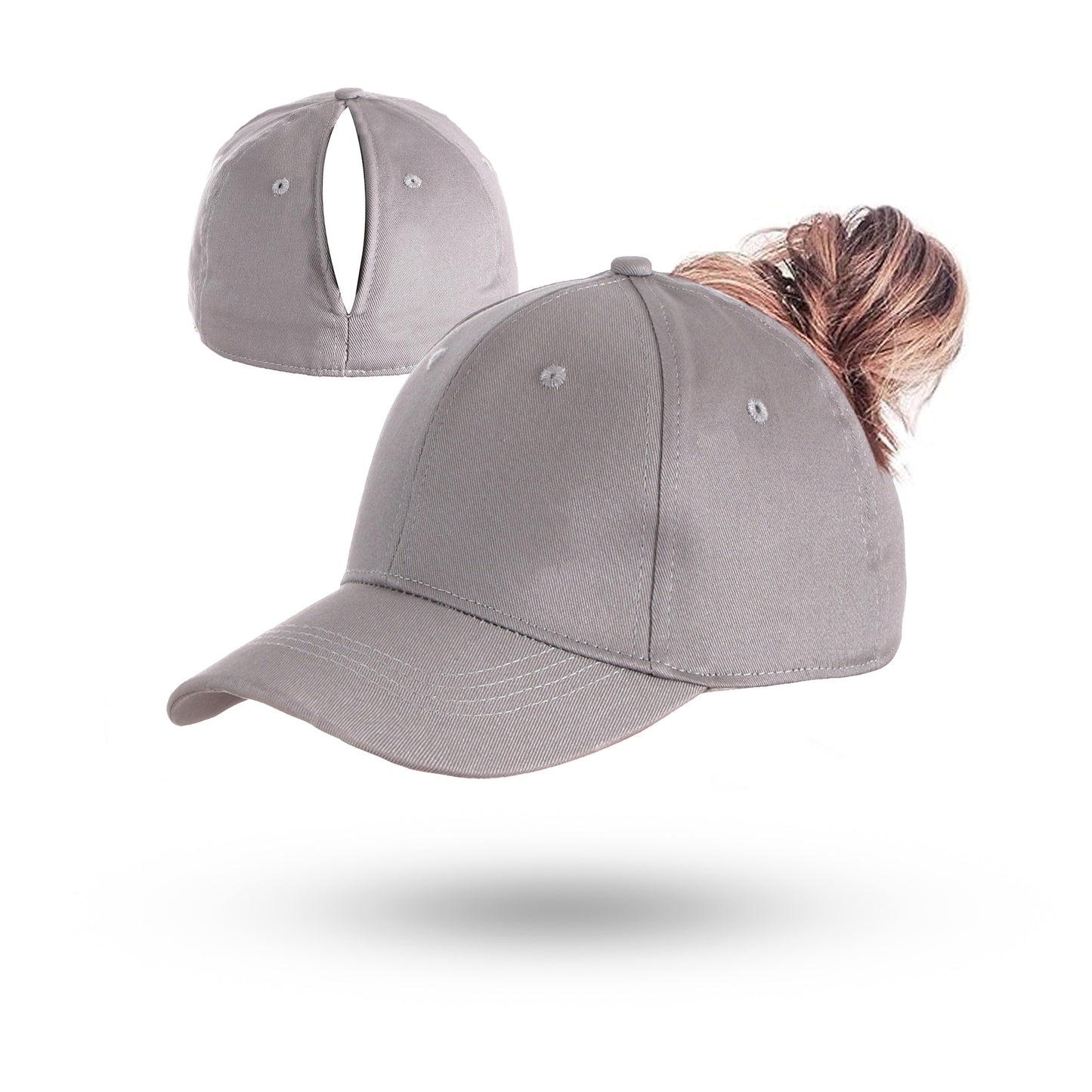 Gray ponytail baseball cap with open back and small vented eyelets