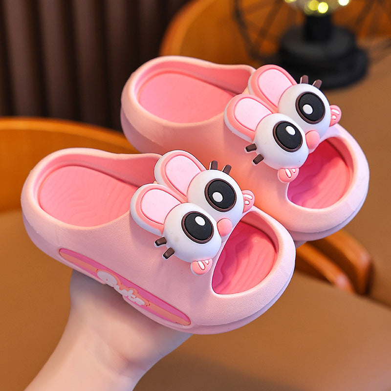 Children's pink indoor anti-slip sandals with cartoon panda face decoration and pink footbed, held