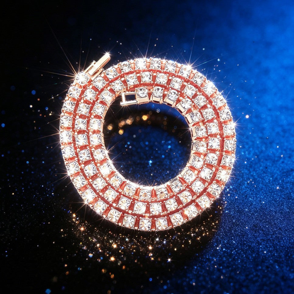 Diamond-cut Cuban link tennis necklace with clear stones in a circular halo arrangement