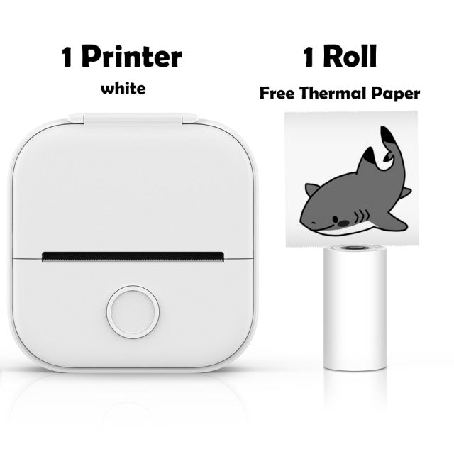 Mini thermal printer with white body, front button, and thermal paper roll