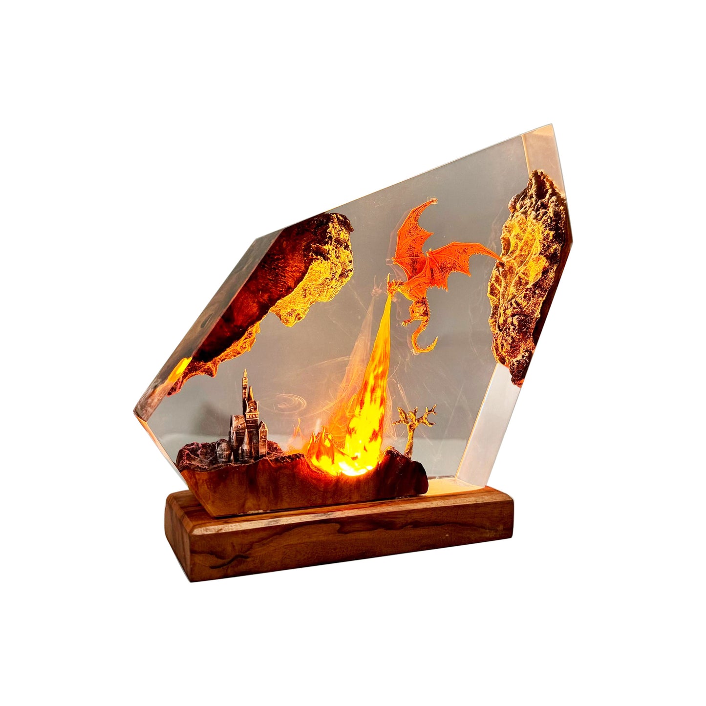 Fire dragon resin art lamp with glowing flames in clear acrylic panel and wood base