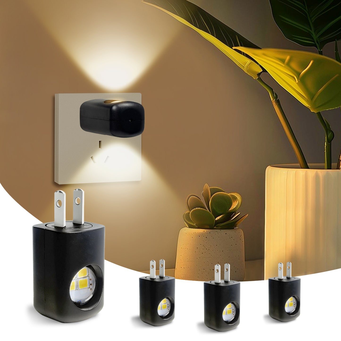Black motion-sensor night light wall plug with LED glow and plug-in lamps