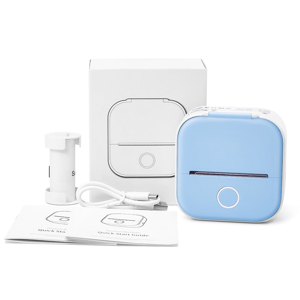 Blue mini thermal label printer kit with box, cables, and thermal paper rolls