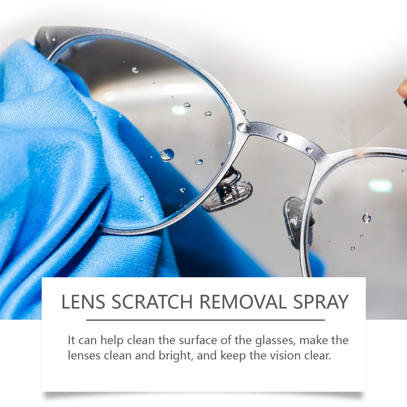Eyeglass lens with water droplets and blue cloth for scratch removal