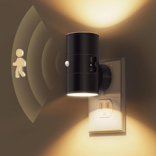 Black cylindrical motion sensor night light with LED glow, wall-mount design