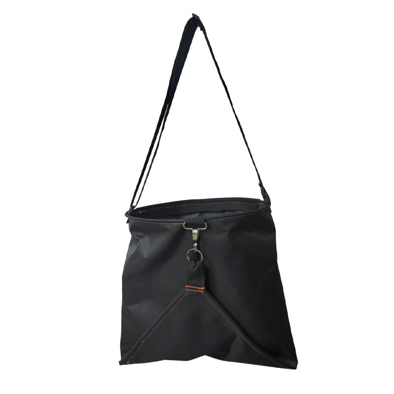 Black hanging garden tool bag with two shoulder straps and front pocket