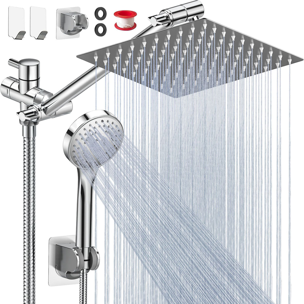 Stainless steel shower set with square rain head, handheld sprayer, and hose, chrome finish