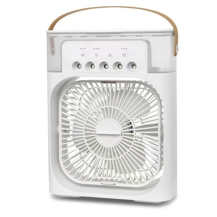 White desktop mist cooling fan, compact square body with front grille