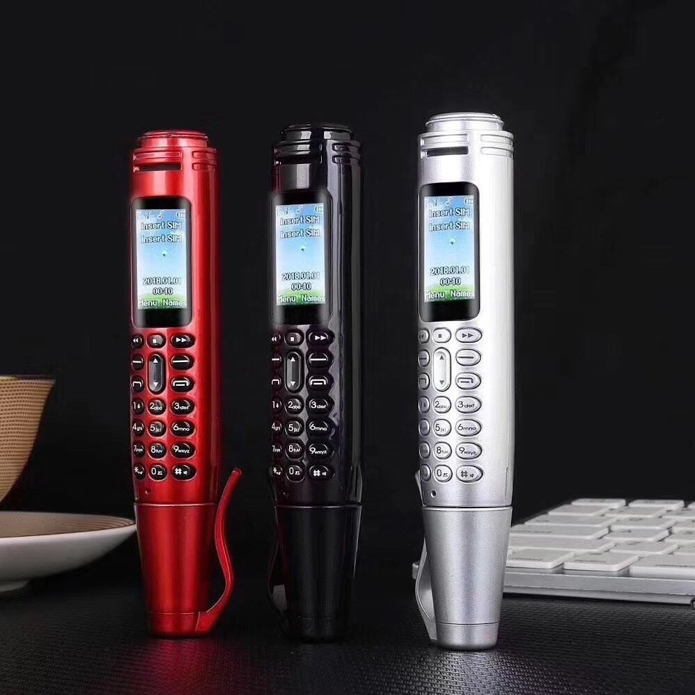 Compact feature phone set: red, black, and silver handhelds with keypads