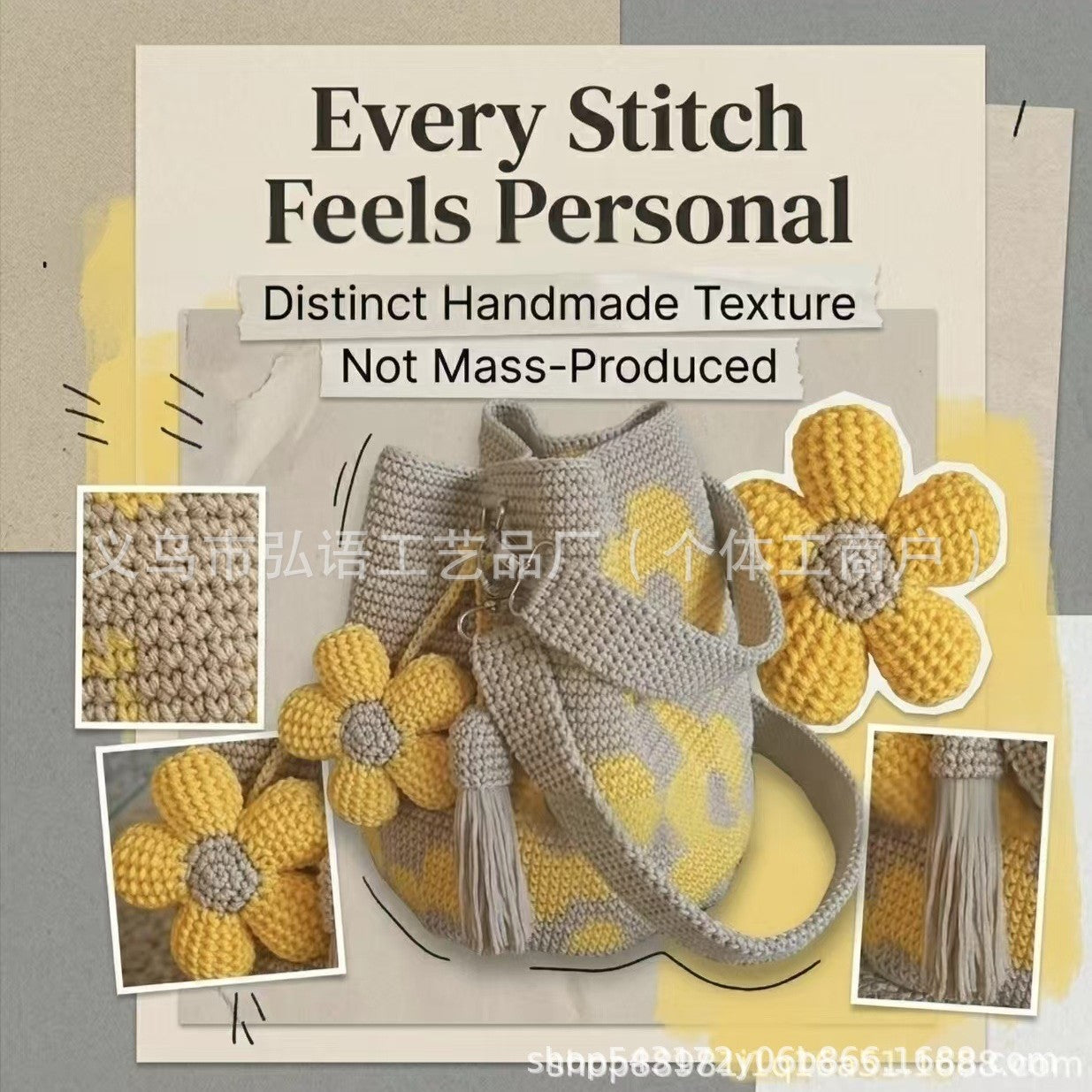 Crochet tote bag with yellow flower details, textured stitchwork, and hanging tassels