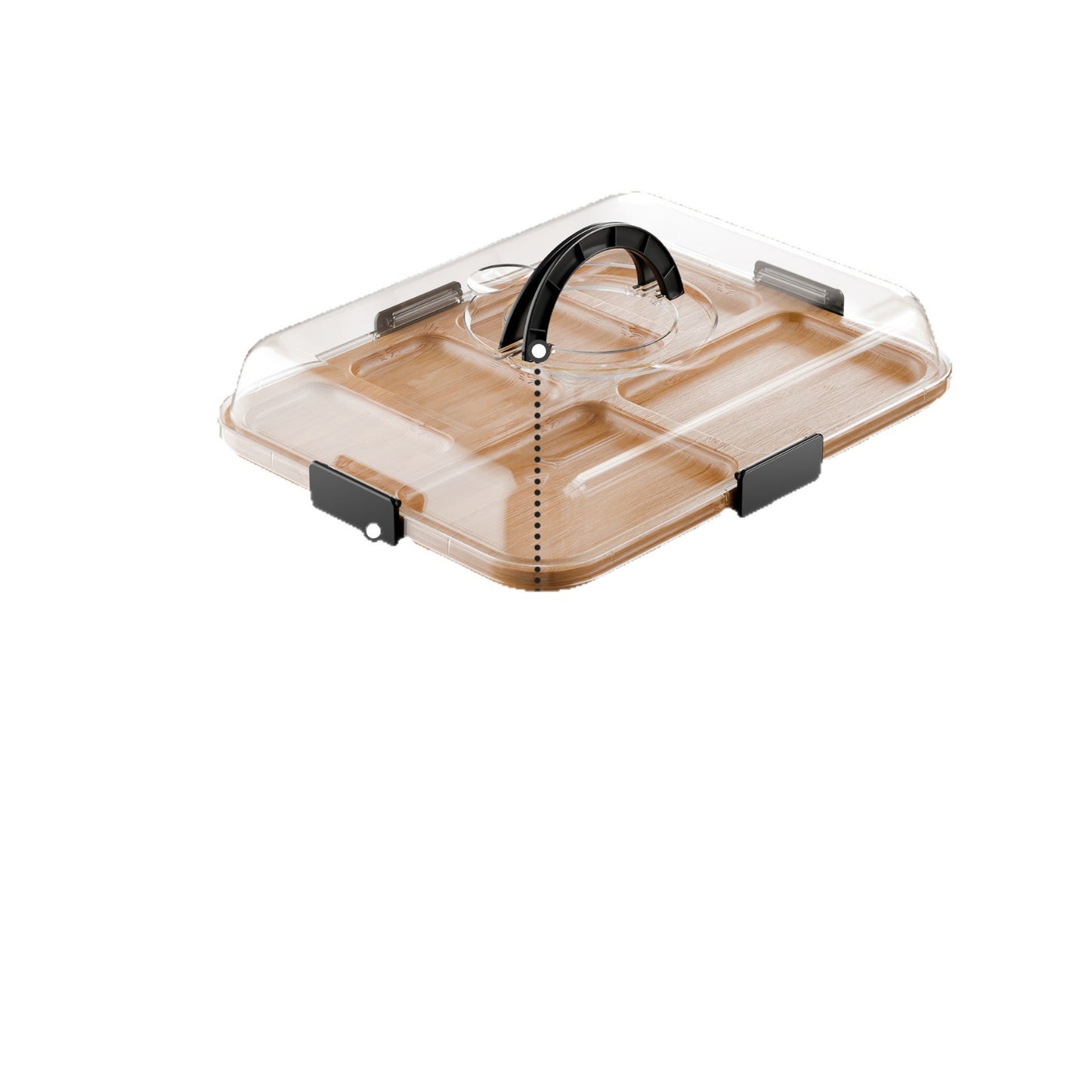 Bamboo charcuterie board with clear lid, black latch details, and built-in carrying handle