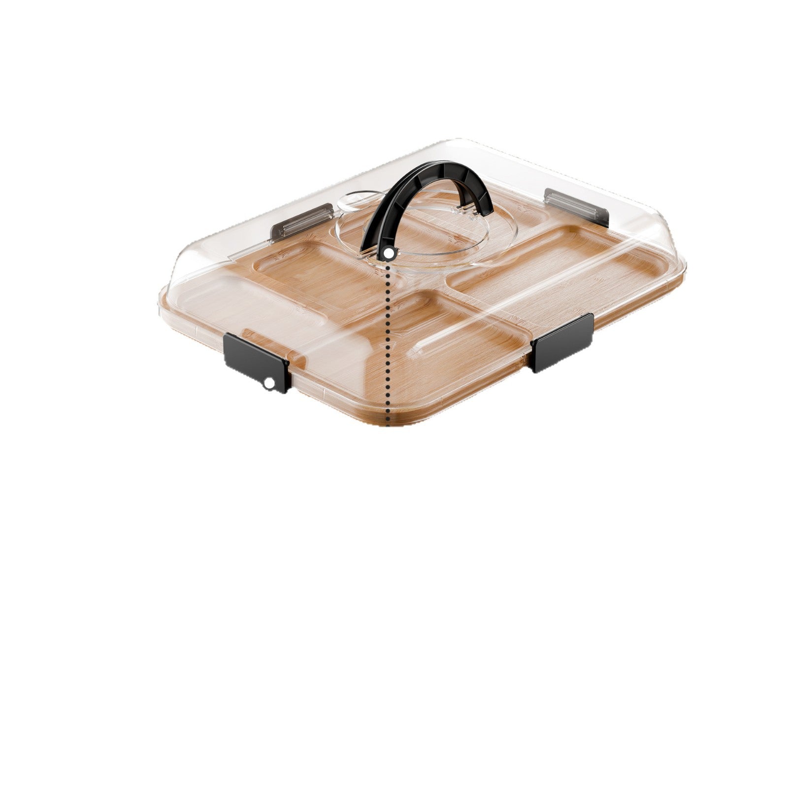 Bamboo charcuterie board with clear lid, black latch details, and built-in carrying handle