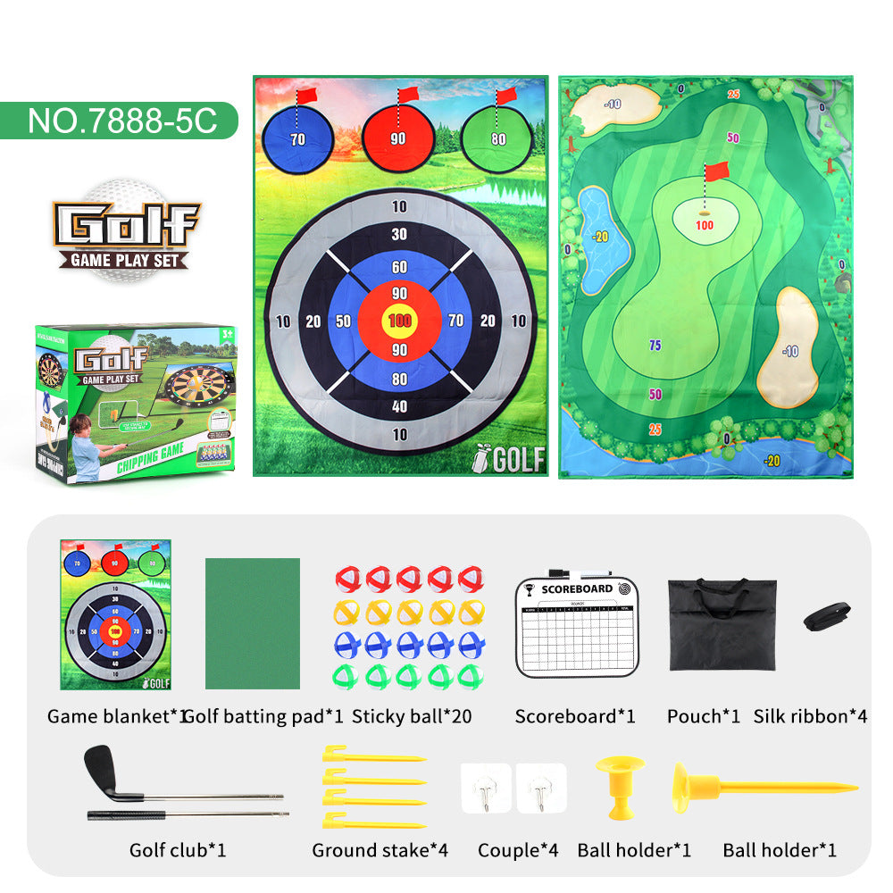 Children’s golf game set with green scoring mat, dartboard target, and included parts