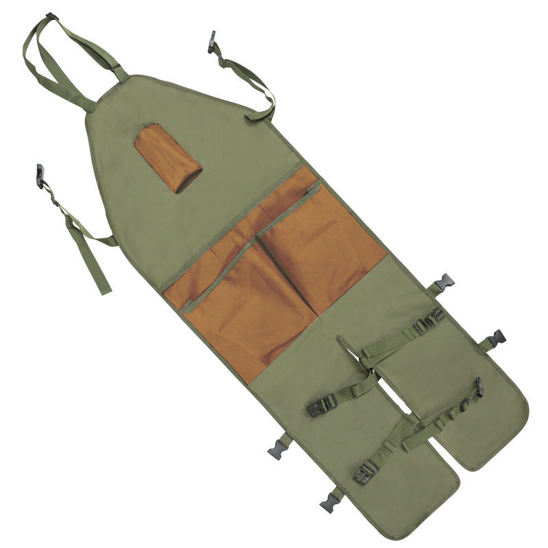 Green gardening leg apron with brown diagonal panels and multiple lower tool pouches