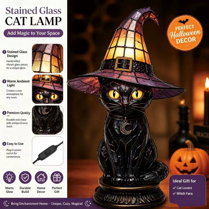 Stained Glass-Style Witch Hat Halloween Light Decoration