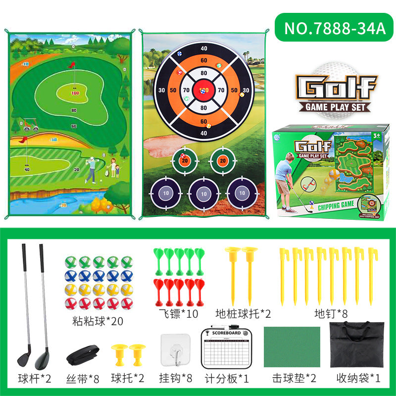 Children's golf game set with scoring mat, dartboard target, and included clubs and sticky balls