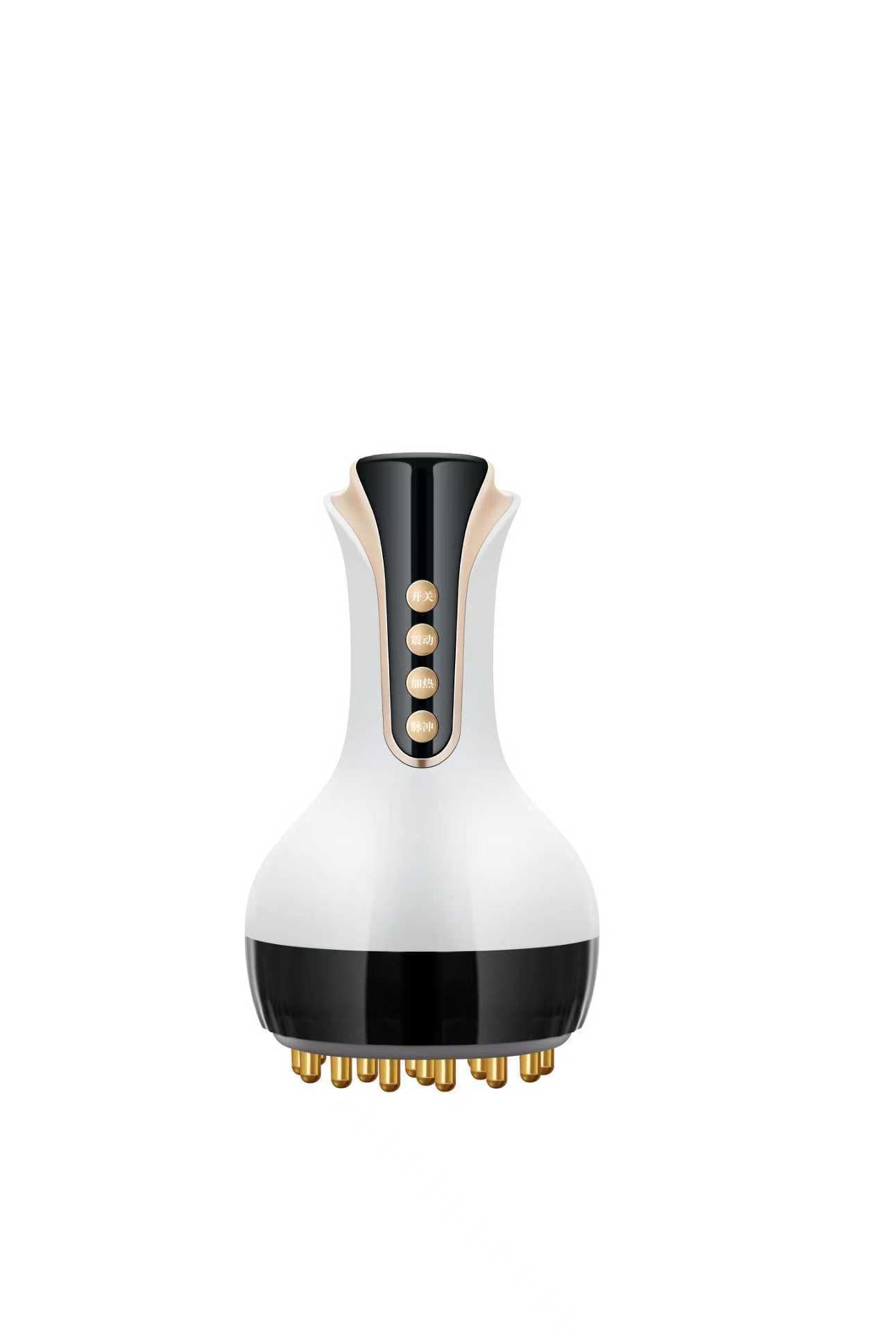 White electric meridian massager with black control strip and gold roller tips on bottom.