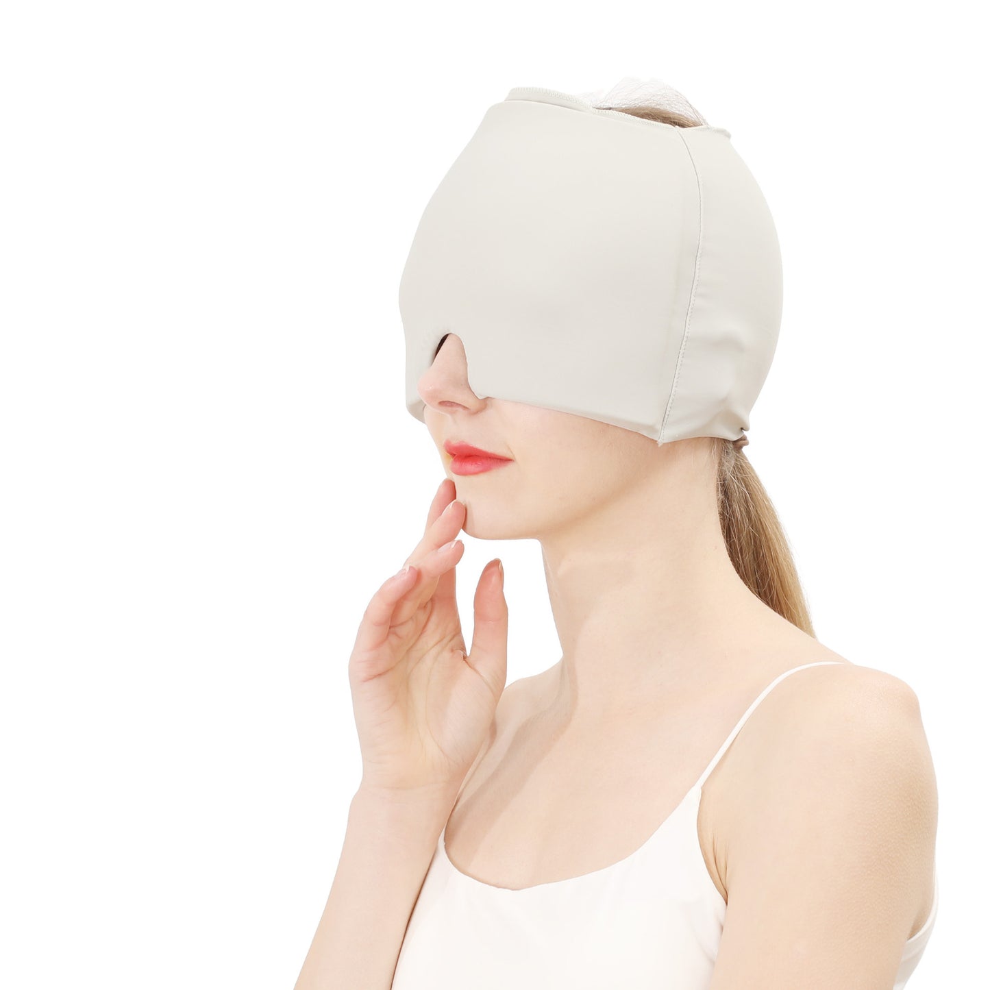 Gel ice hot compress head hood in white, fitted face-covering head wrap.