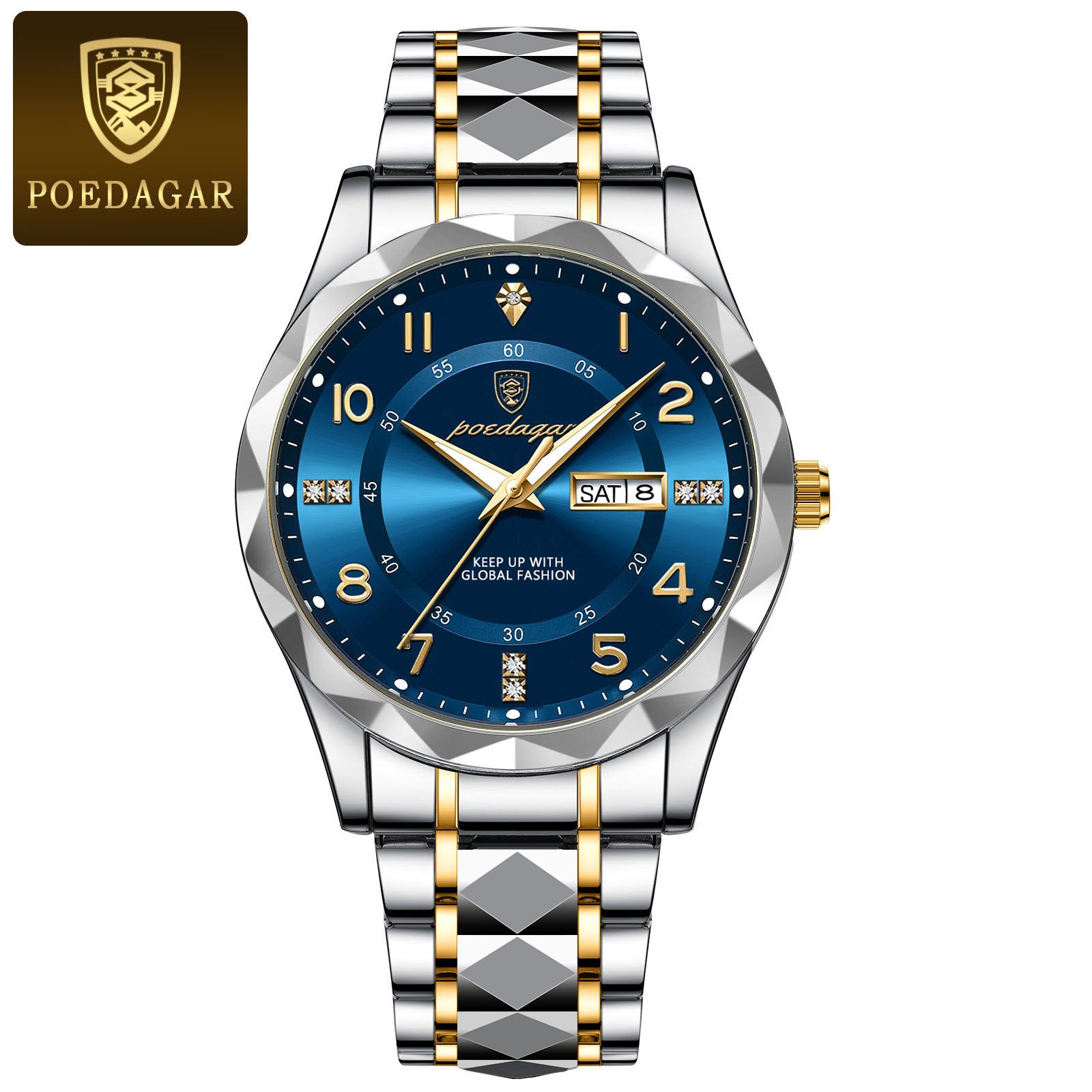 Men's luminous quartz wristwatch with blue dial, silver case, two-tone bracelet