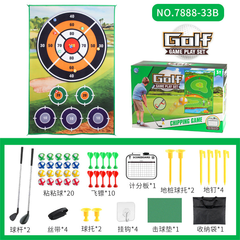 Children's golf game set with dartboard target, scoring mat, and included clubs, balls, and pouch