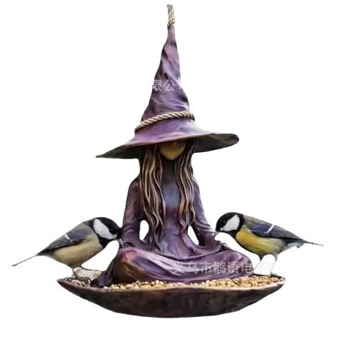 Purple witch bird feeder with wide hat, seated witch figure, and three visiting birds