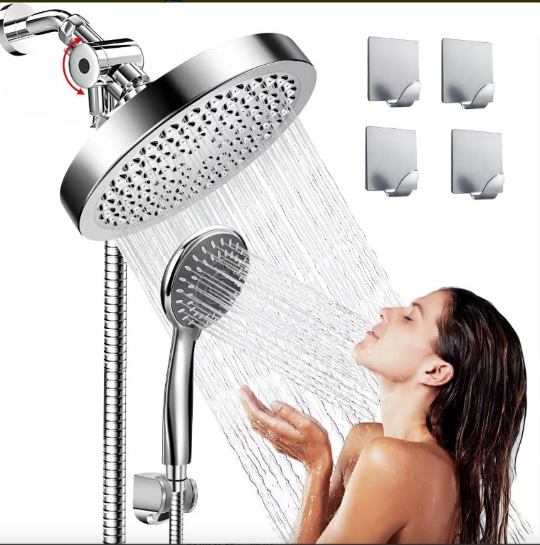 Chrome rainfall shower head with handheld sprayer and wall bracket components