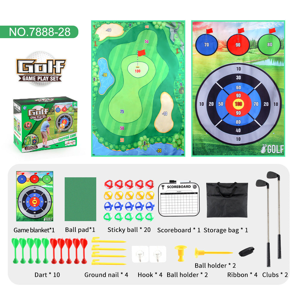 Children's golf game play mat set with dartboard target and accessories, including scorecard and pouch